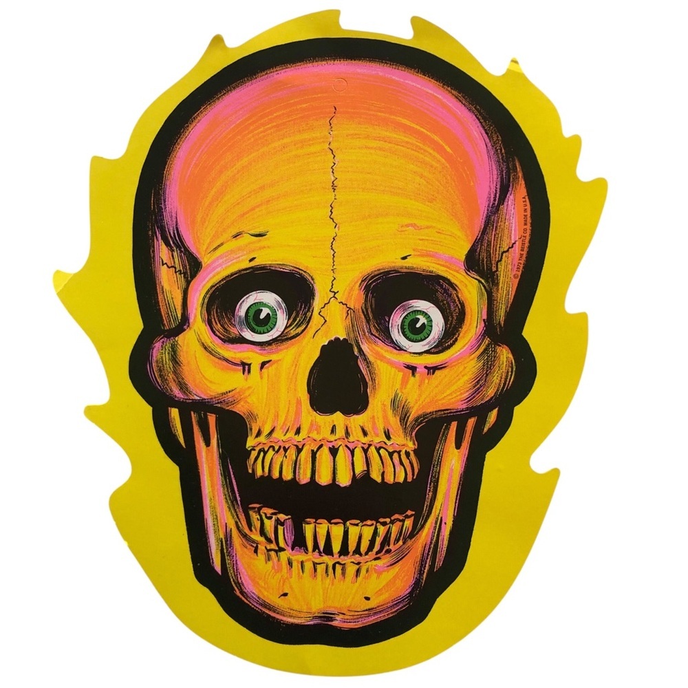 VINTAGE 70s Beistle Halloween Neon Flaming Skull Skeleton Die Cut Decor 1973